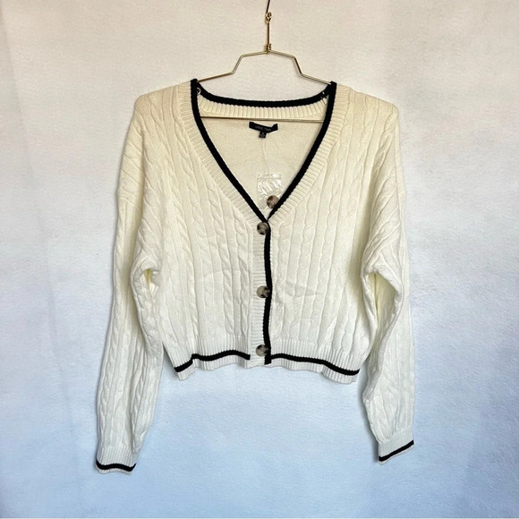 Cardigan Sweater Cable Knit Oversized Boxy Ivory Cream Cropped Ribbed Cozy - Picture 2 of 8